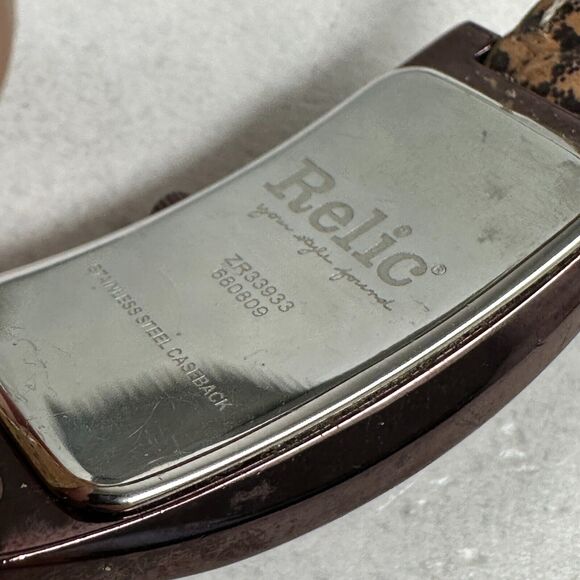 Fossil Relic Watch Womens Brown Baguette Crystal Bezel Animal Print New Battery - Picture 6 of 9